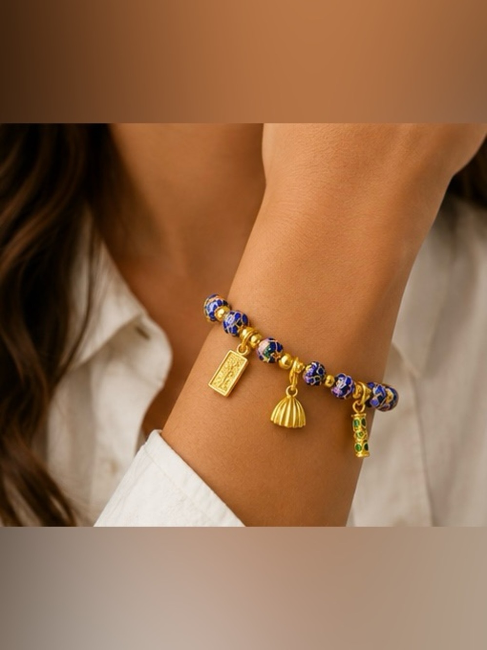 Gold-Tone Charm Bracelet with Blue Cloisonné Beads